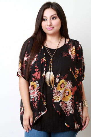 Floral Print Chiffon Dolman Sleeves Kimono