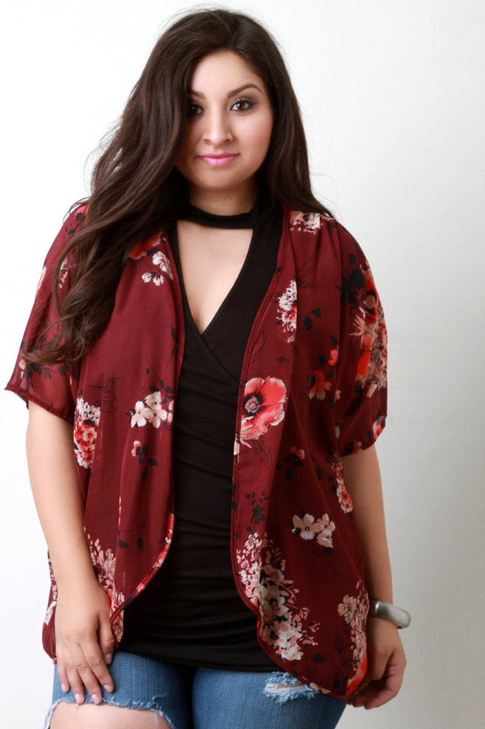 Floral Print Chiffon Dolman Sleeves Kimono