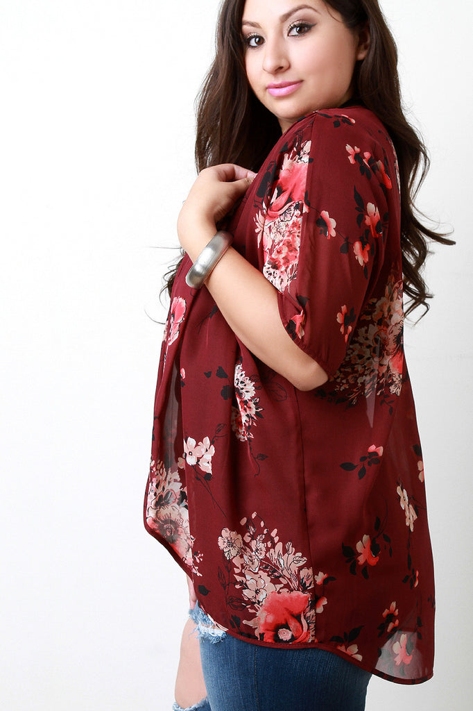 Floral Print Chiffon Dolman Sleeves Kimono