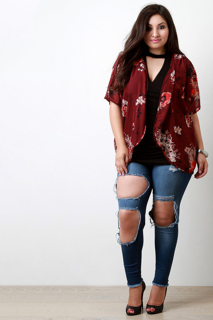 Floral Print Chiffon Dolman Sleeves Kimono