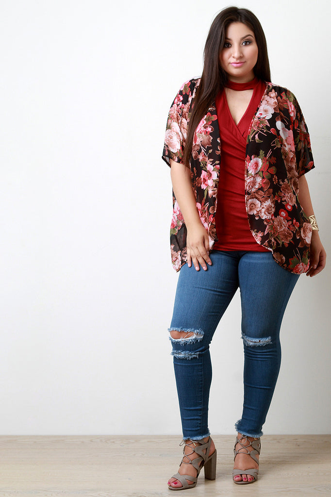 Floral Chiffon Open Front Kimono