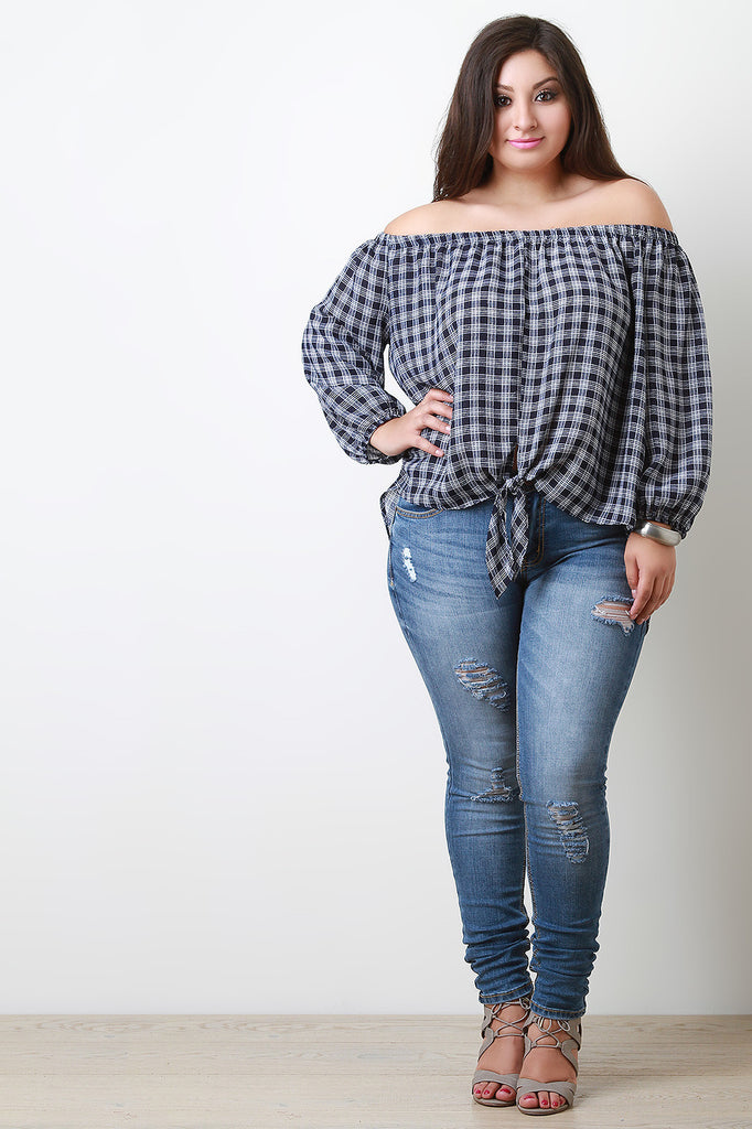 Plaid Self Tie Bardot Top