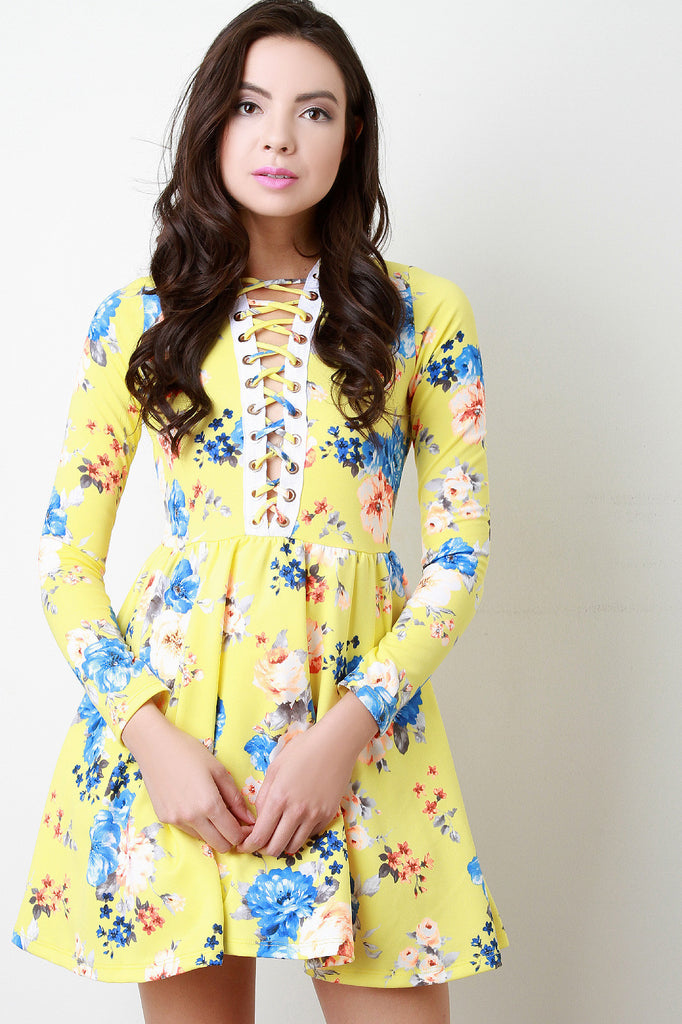 Plunging V Laced Floral Print Longsleeve Dress