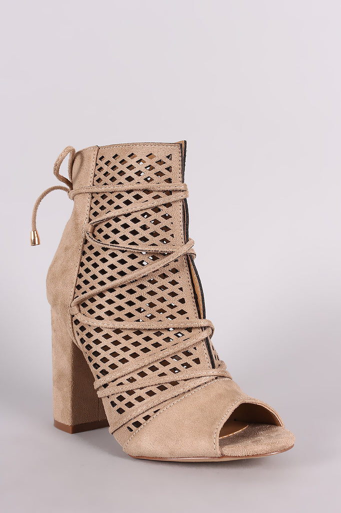 Perforated Suede Lace-Up Chunky Heeled Ankle Boots