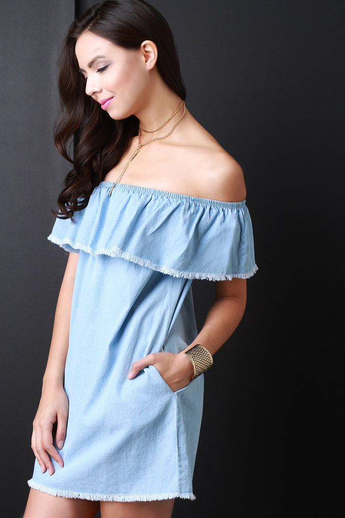 Frayed Ruffle Off the Shoulder Denim Dress