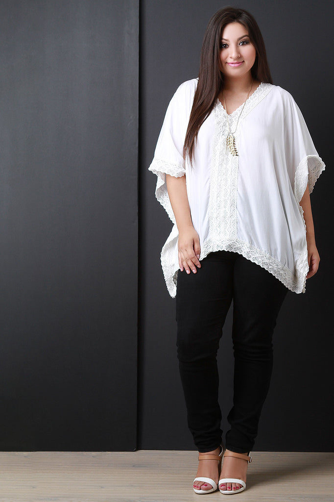 V-Neck Crochet Panel Poncho Top