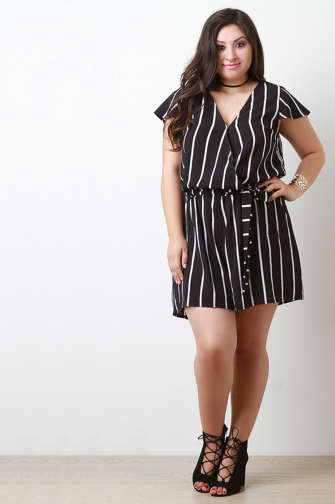 Stripe Flutter-Sleeve Surplice Romper