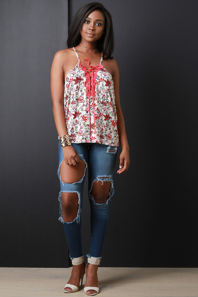 Floral Lace Up Racerback Top