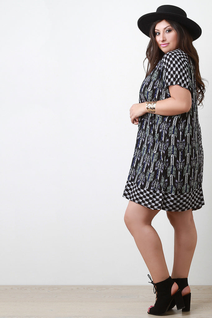 Mixed Pattern Tassel Drawstring Shift Dress