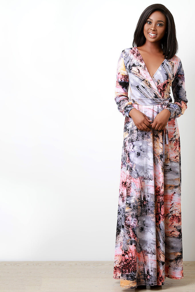 Spraypaint Print Faux Wrap Sash Maxi Dress