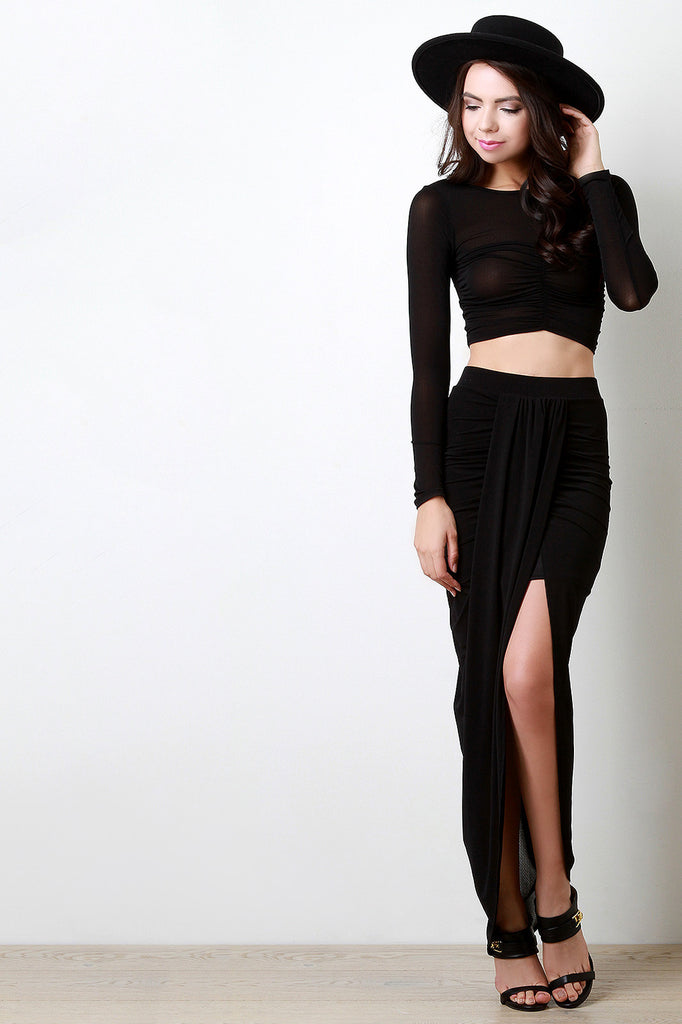 Semi-Sheer Mesh Ruched Longsleeve Crop Top