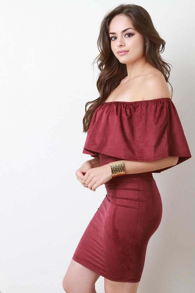 Suede Off the Shoulder Flounce Dress