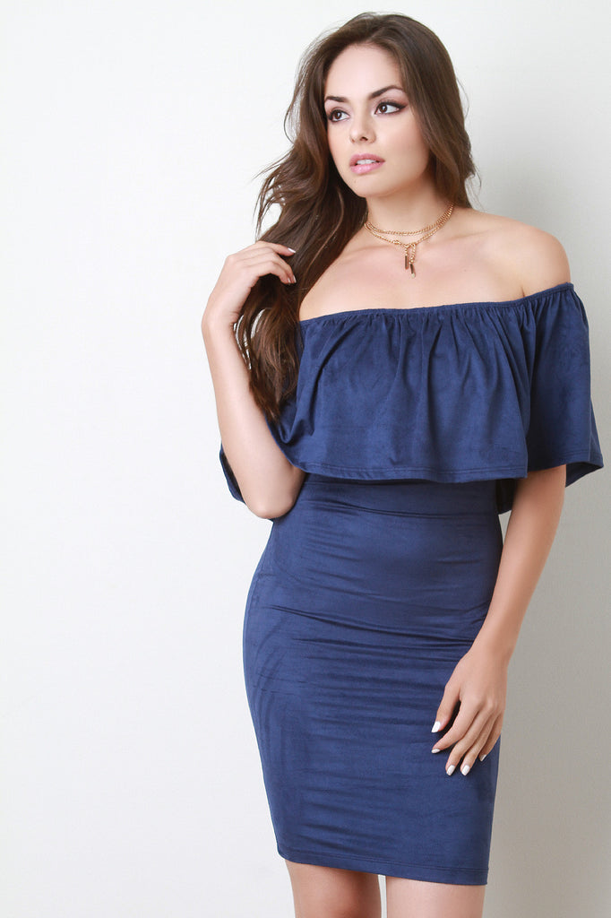 Suede Off the Shoulder Flounce Dress