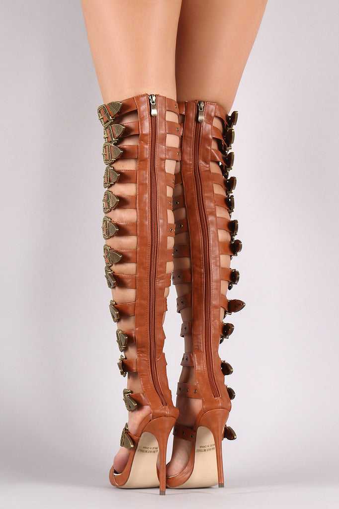 Strappy Buckled Grommets Thigh High Gladiator Heel