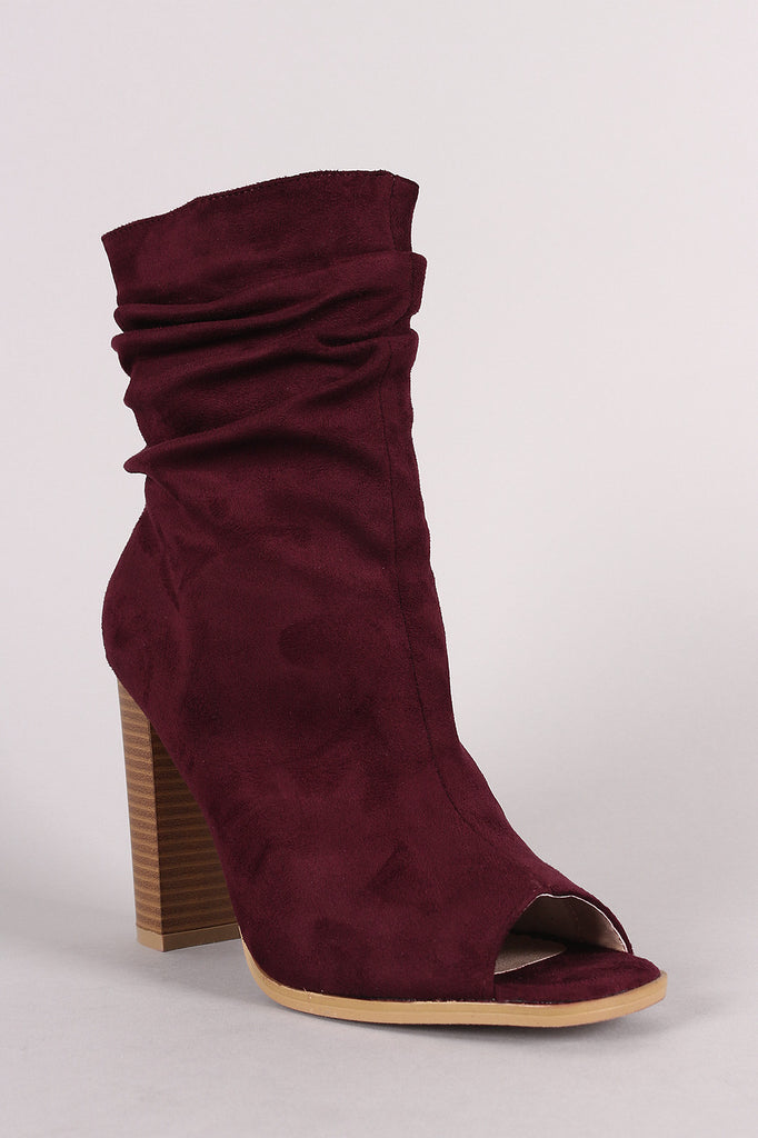 Suede Slouchy Peep Toe Chunky Heeled Ankle Boots