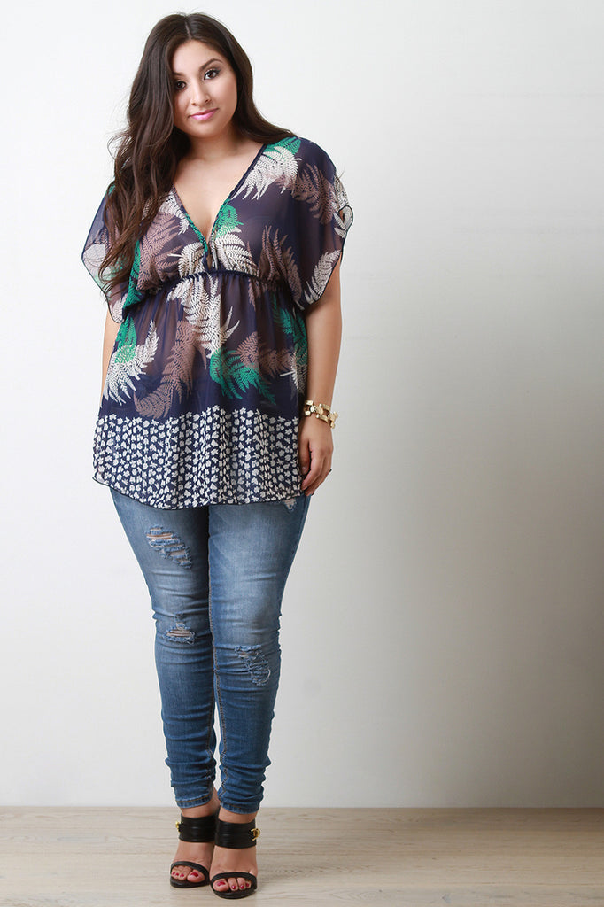 Tropical Print Deep V Chiffon Blouse