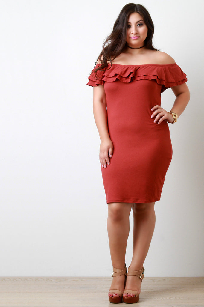 Off The Shoulder Layer Ruffle Bodycon Dress