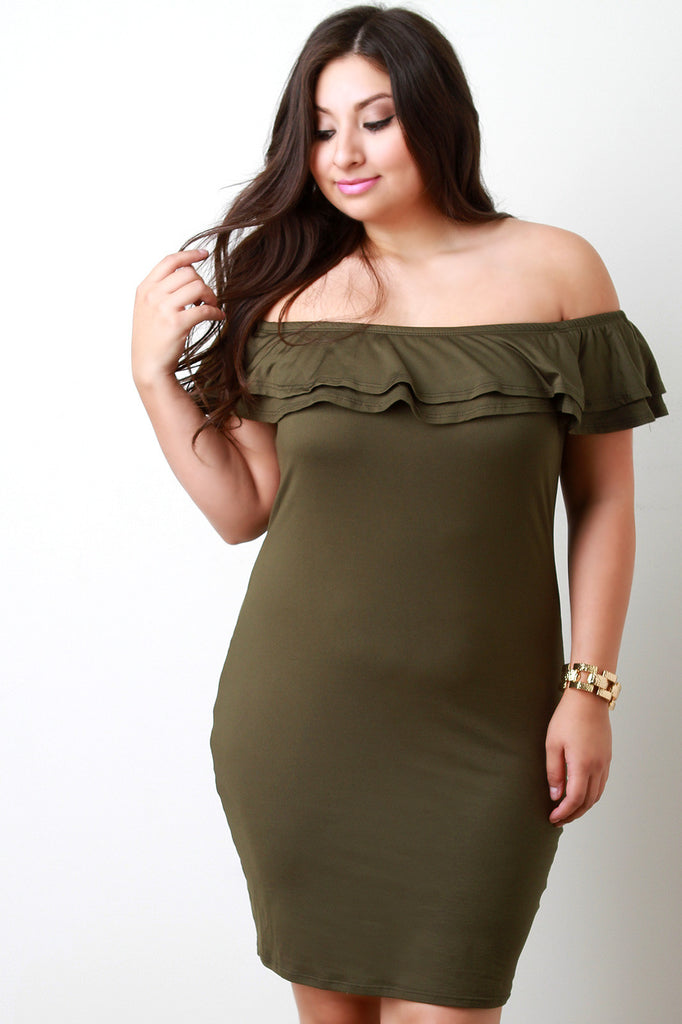 Off The Shoulder Layer Ruffle Bodycon Dress