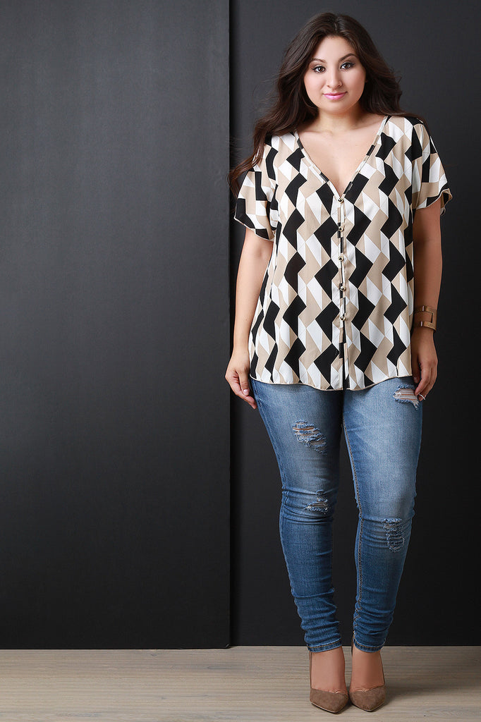 Geometric Print Cold Shoulder Button Up Top