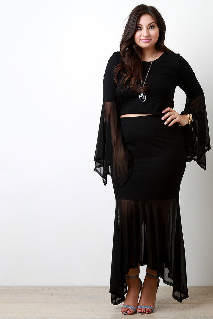 Contrast Mesh Asymmetrical Maxi Skirt