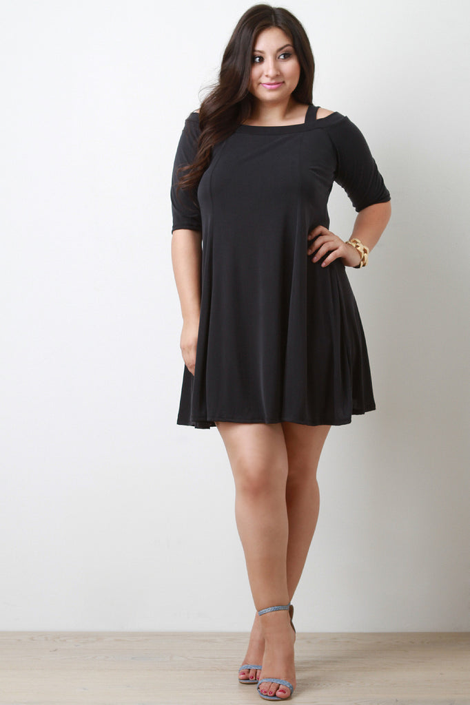 Elbow Sleeve Cold Shoulder Shift Dress