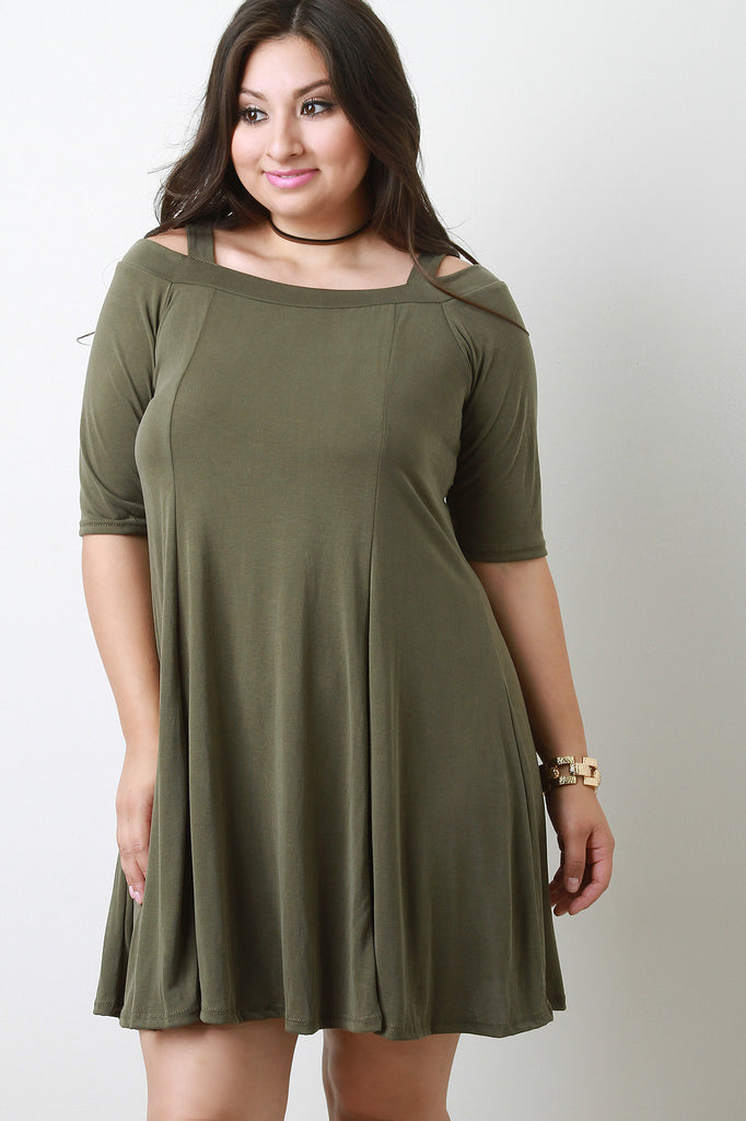 Elbow Sleeve Cold Shoulder Shift Dress