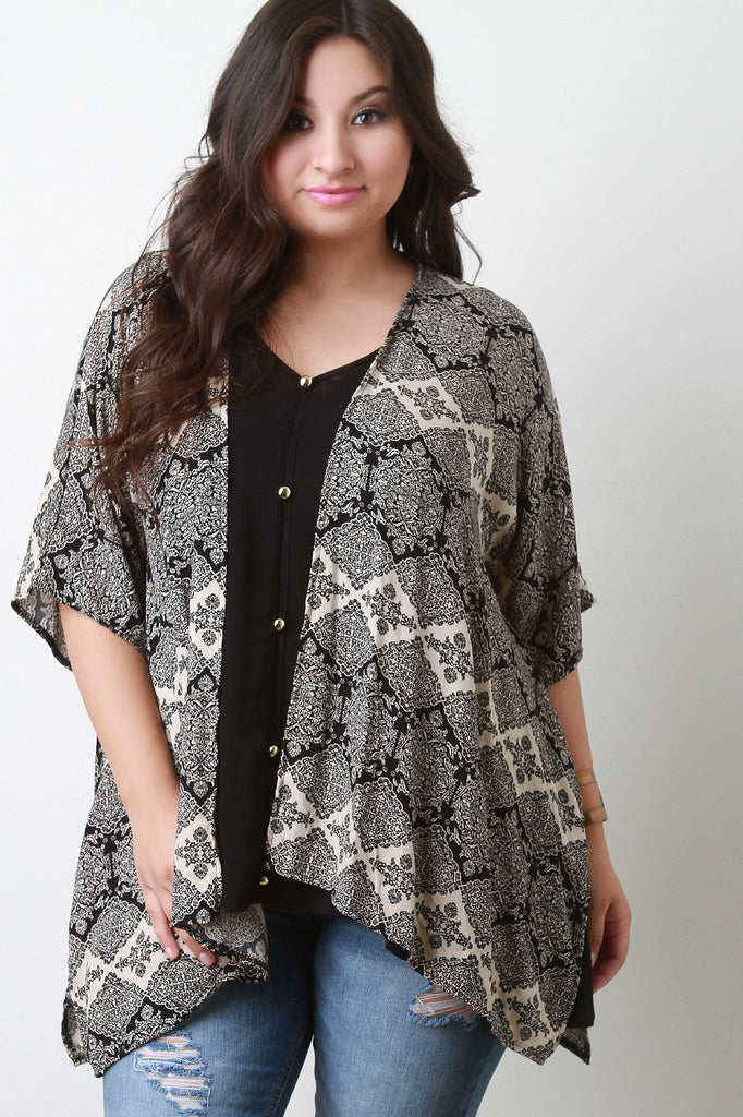 Paisley Print Kimono Sleeve Open Front Cardigan