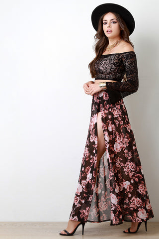 Floral Print Semi-Sheer Mesh Slit Maxi Skirt