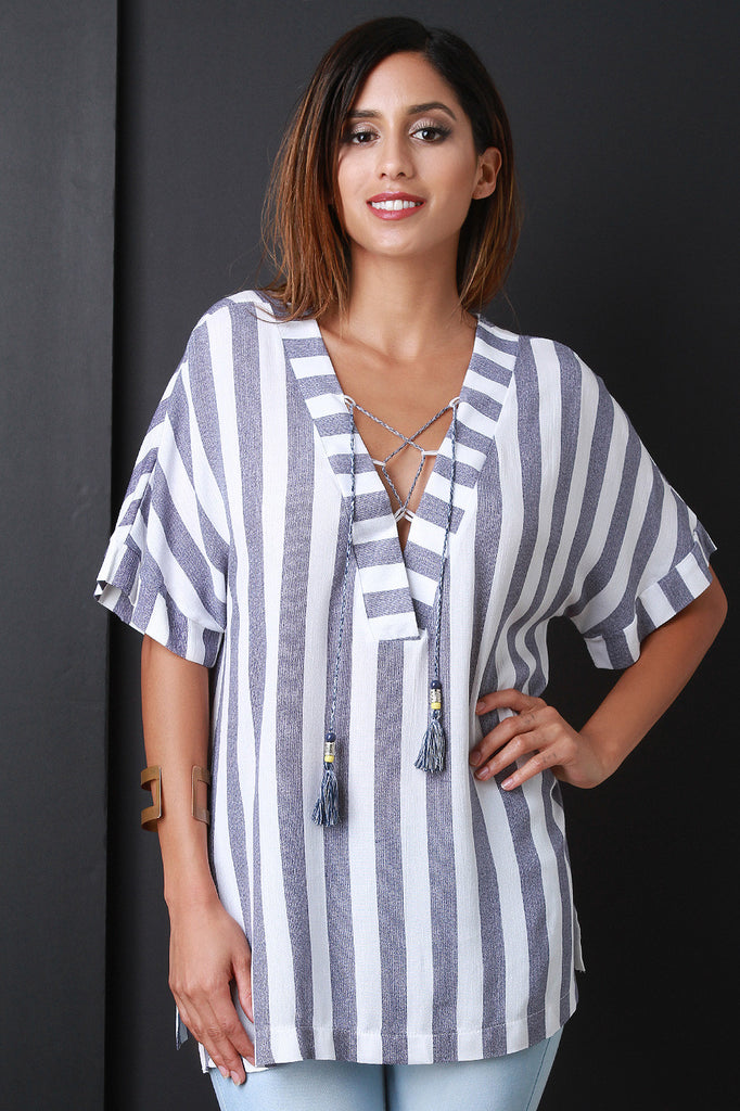 V-Neck Tassel Lace-Up Short Sleeve Stripe Boxy Top