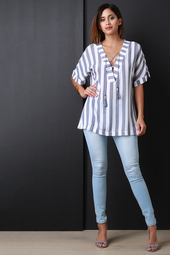 V-Neck Tassel Lace-Up Short Sleeve Stripe Boxy Top