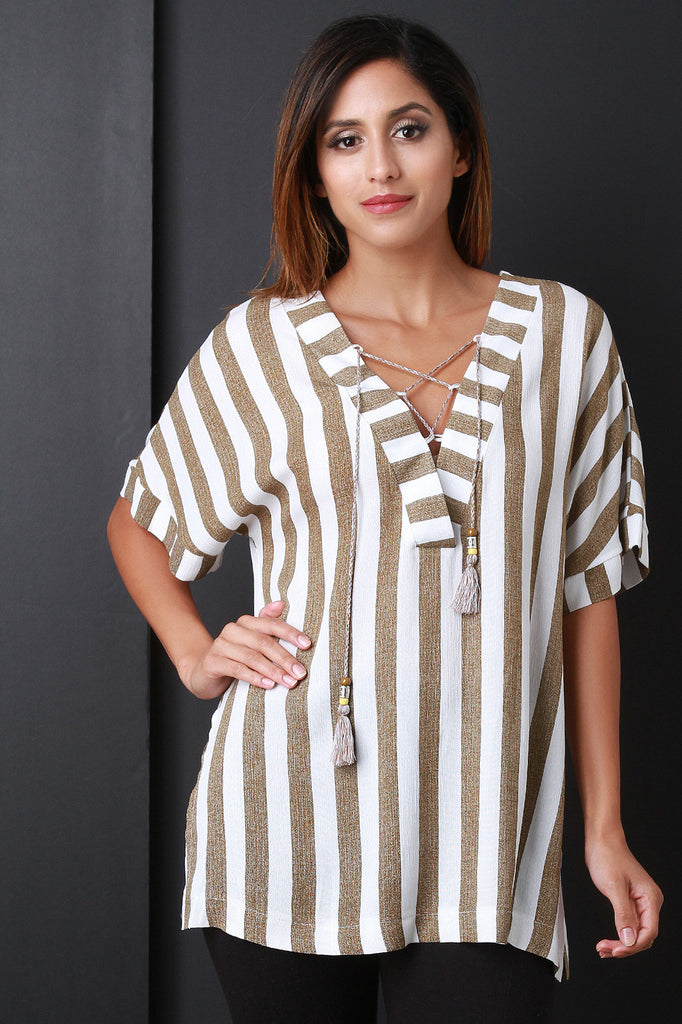 V-Neck Tassel Lace-Up Short Sleeve Stripe Boxy Top