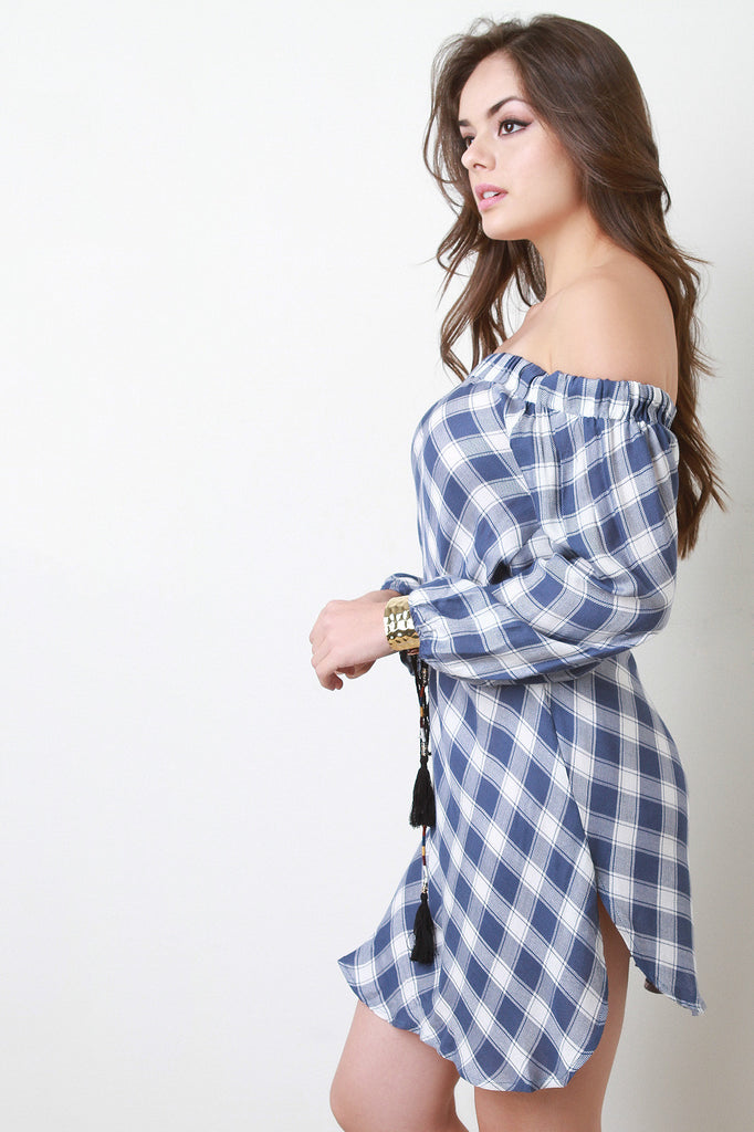 Plaid Off-The-Shoulder Long Sleeve Belted Dress