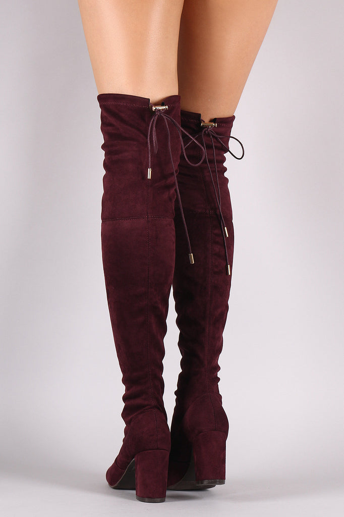 Suede Drawstring Tie Chunky Heeled Over-The-Knee Boots