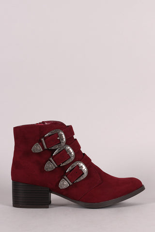 Qupid Triple Buckle Cowgirl Ankle Boots