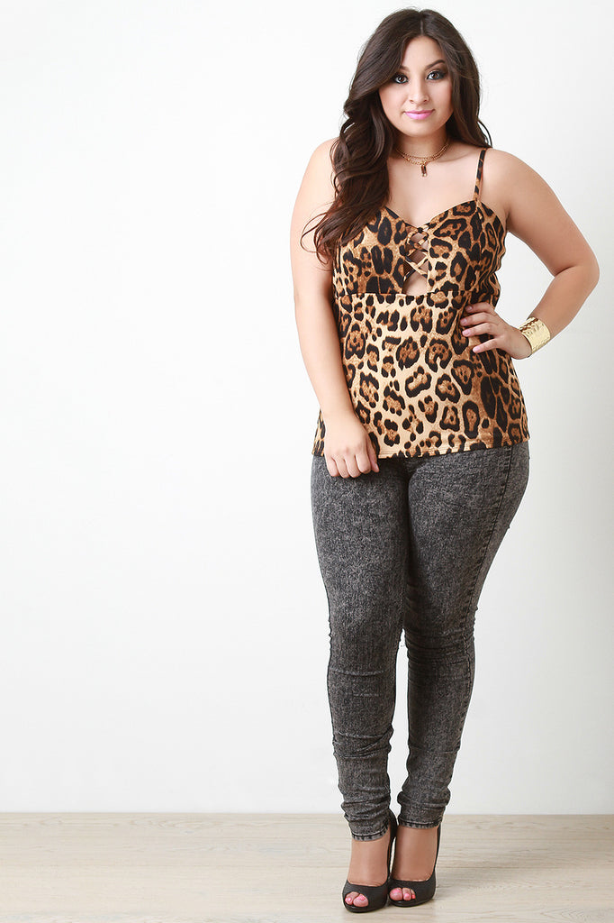 Leopard Crossing Laces Sleeveless Blouse