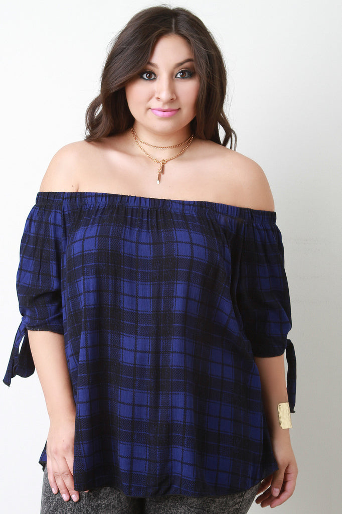 Plaid Tie Sleeve Off The Shoulder Top