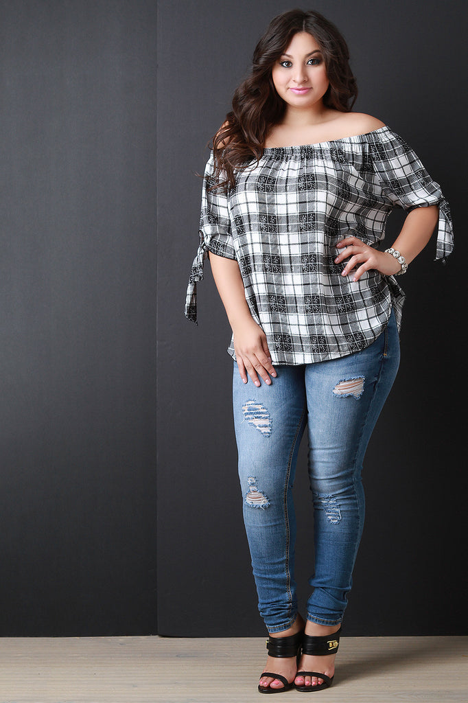 Plaid Tie Sleeve Off The Shoulder Top