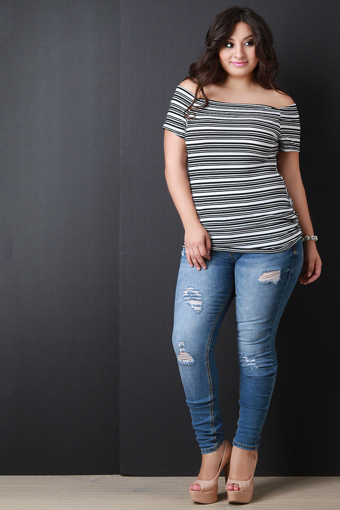 Striped Off The Shoulder Rib Knit Tee