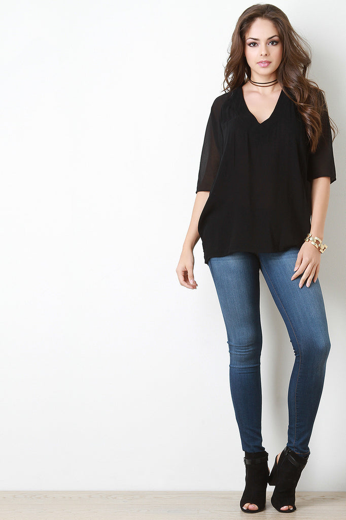 Semi-Sheer Deep V-Neck Half Sleeve Top