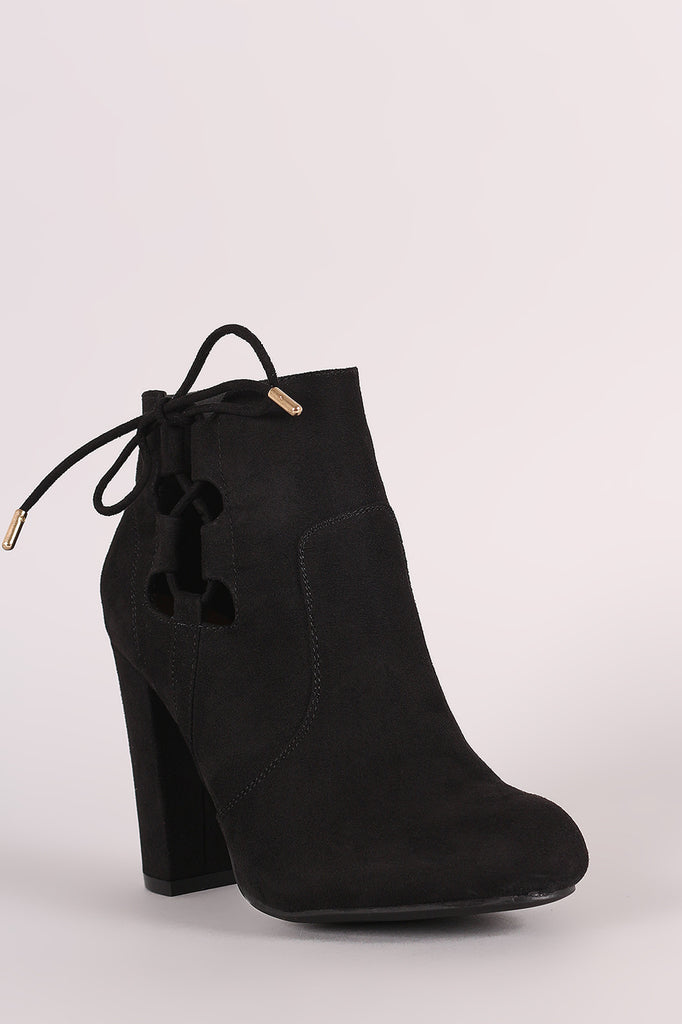 Bamboo Side Lace Up Round Toe Chunky Heel Booties