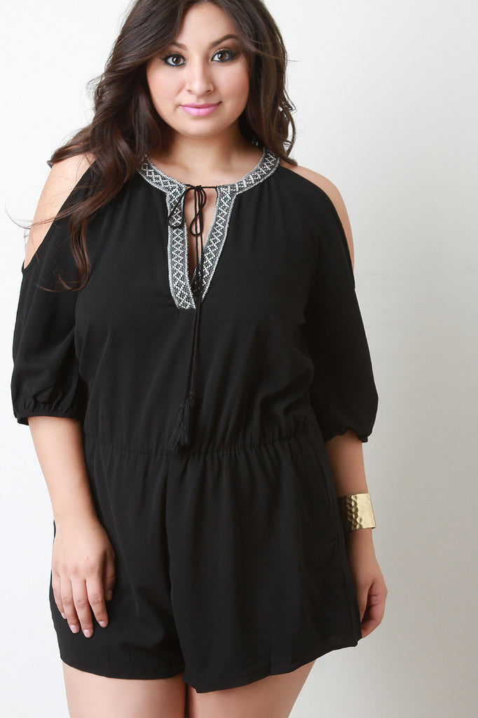 Tribal Trim V-Neck Cold Shoulder Romper