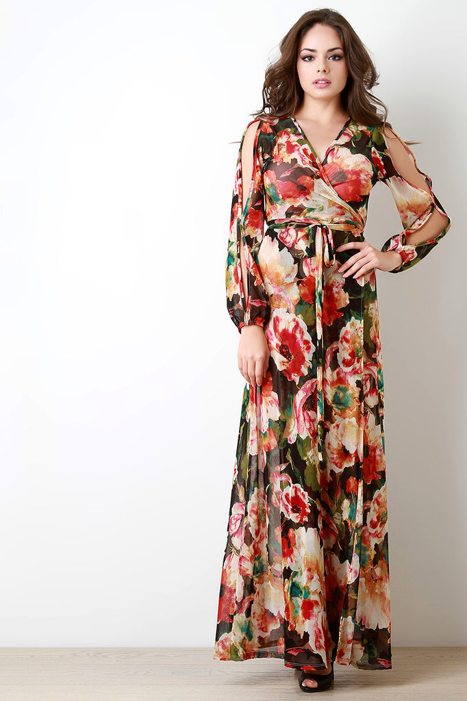 Floral Print Semi-Sheer Mesh Slit Sleeve Wrap Dress