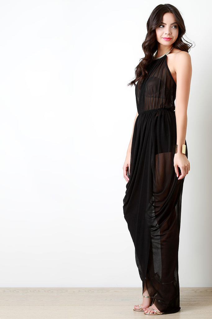 Draped Mesh Open Back Necklace Maxi Dress