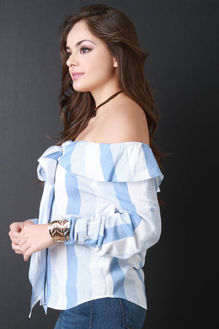 Striped Bow Long Sleeve Bardot Top