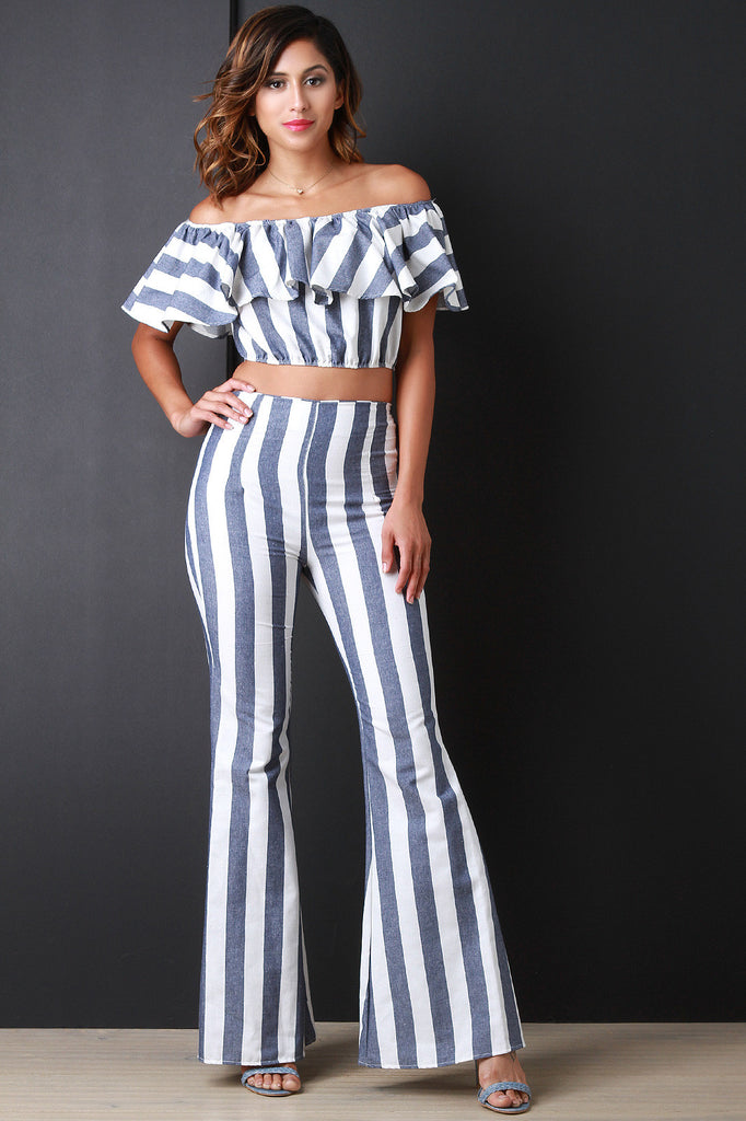 Striped Chambray Flutter Bardot Top