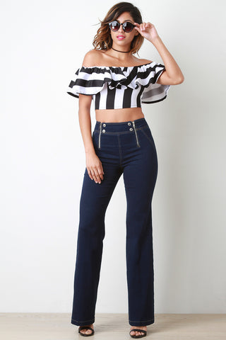 Zipper Sailor Wide Leg High Waist Jeans