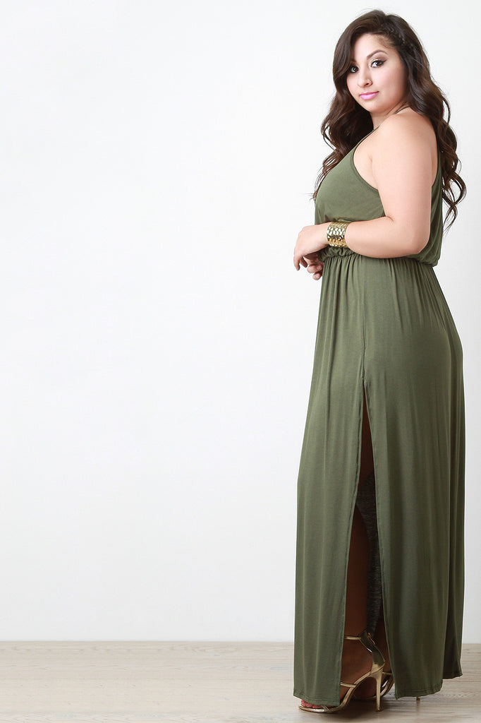 Ruched Waist Side Slit Maxi Dress