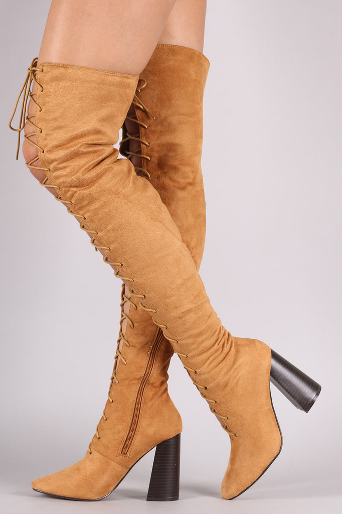 Suede Lace Up Chunky Heeled Over-The-Knee Boots