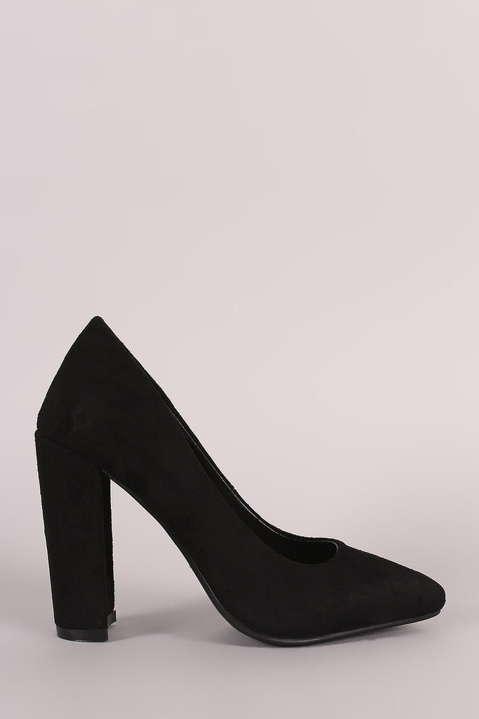 Suede Pointy Toe Chunky Heel Pump