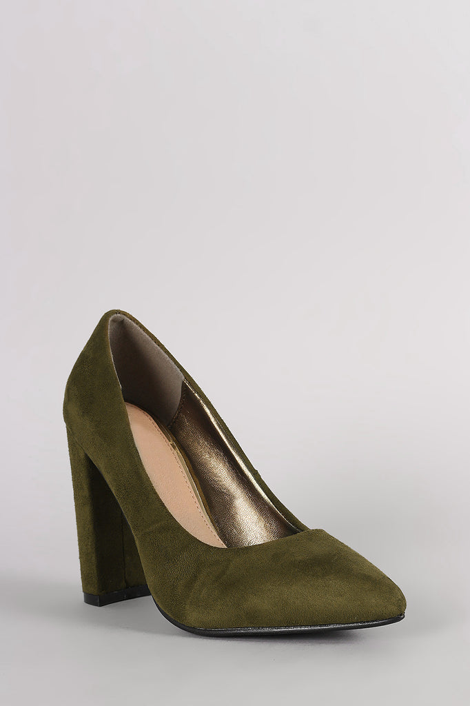 Suede Pointy Toe Chunky Heel Pump